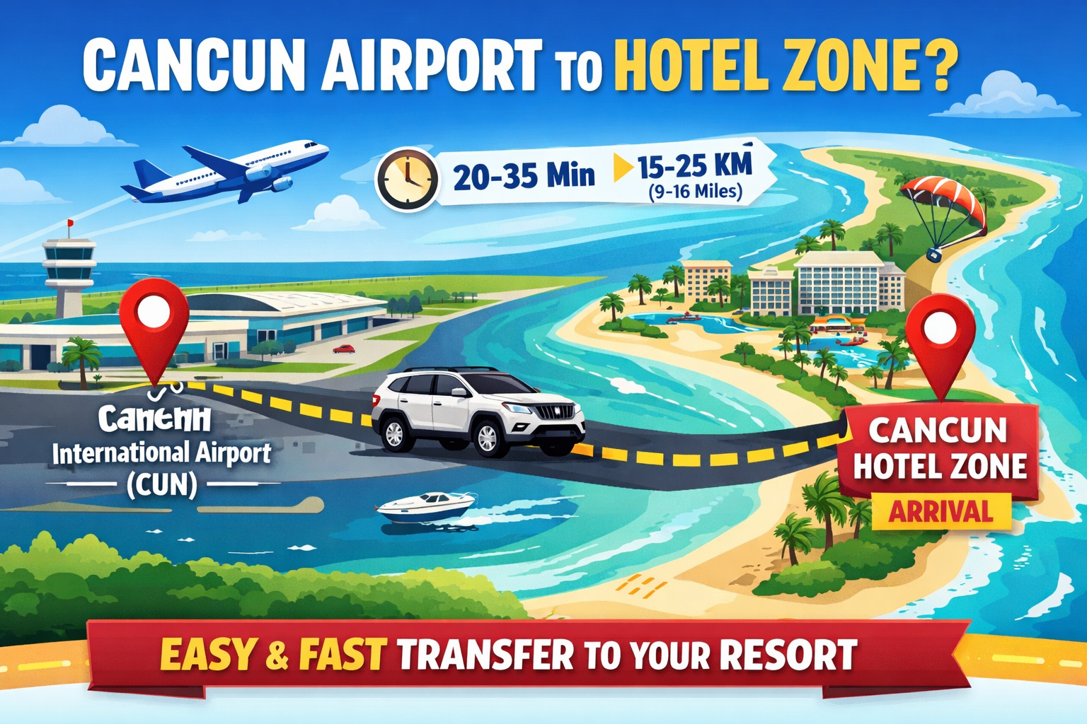 Map from Cancun International Airport (CUN) to Cancun Hotel Zone with route, distance and travel time