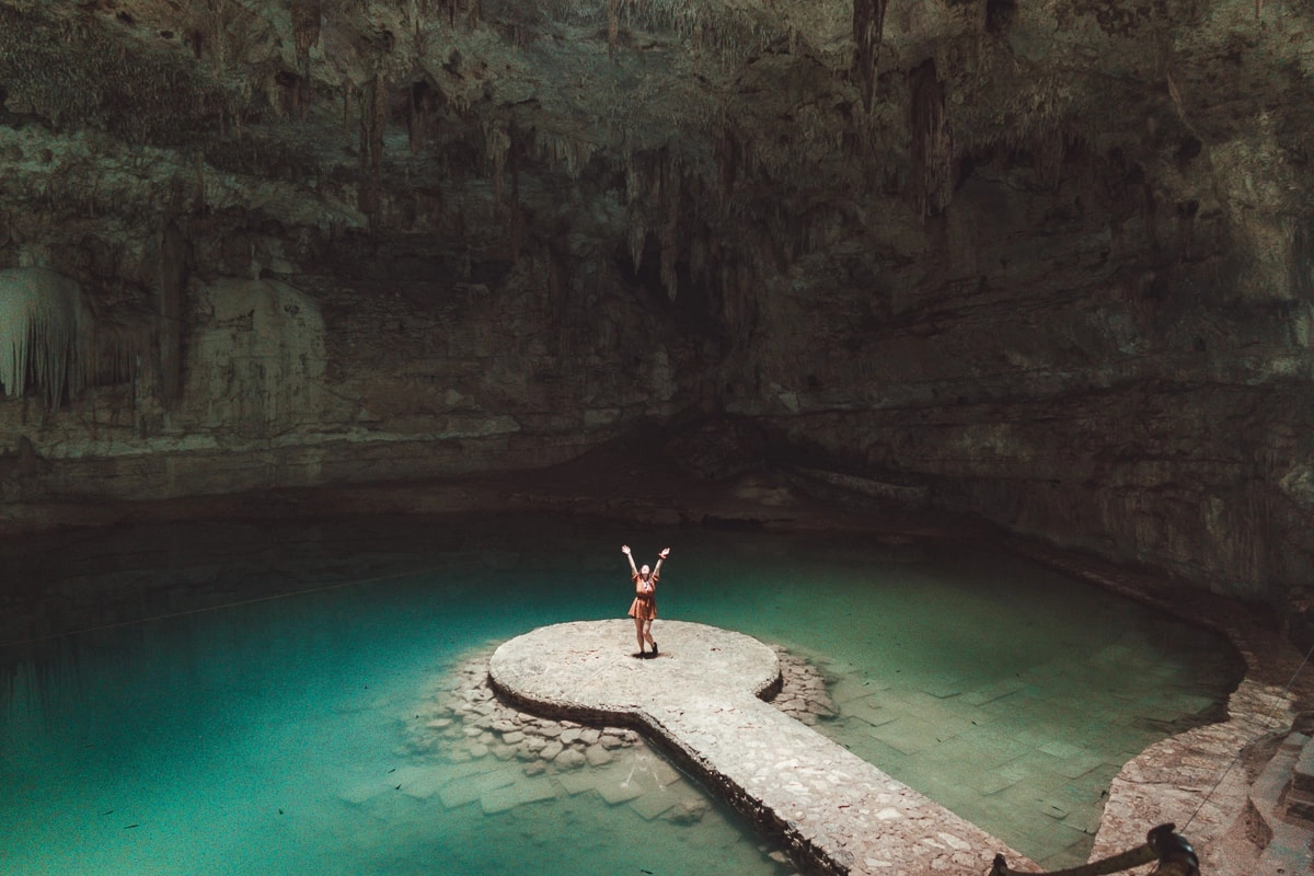 Cenote Suytun near Cancun with crystal-clear freshwater and cave opening